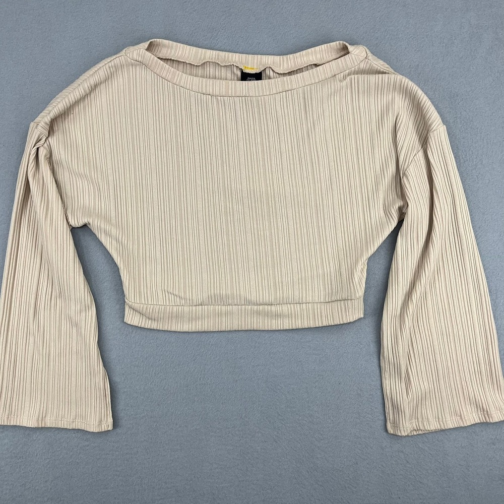 River Island Womens Ribbed Cropped Top Beige Tan Bell‎ Sleeve Size 2